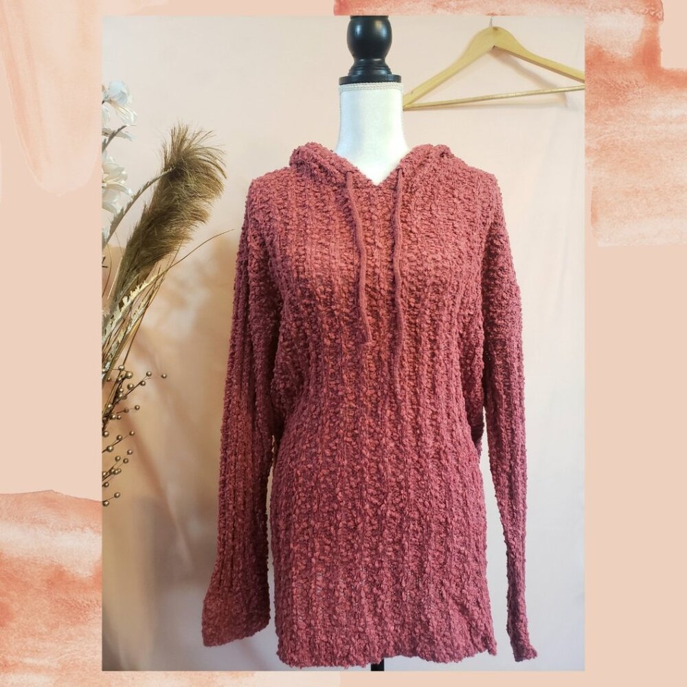 Berry Pink Tunic Popcorn Knit Soft Hoodie Sweater